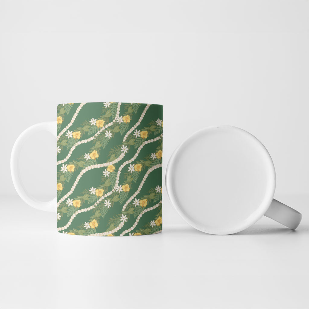 Hawaiian Pikake Maile Lei Ceramic Mug Tiare Hibiscus Kalo Palapalai Leaf Green LT19 - Polynesian Pride