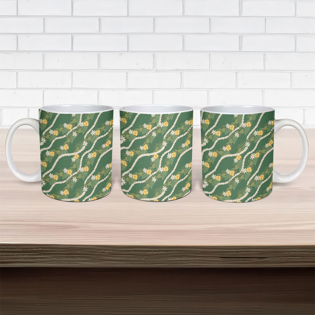 Hawaiian Pikake Maile Lei Ceramic Mug Tiare Hibiscus Kalo Palapalai Leaf Green LT19 - Polynesian Pride