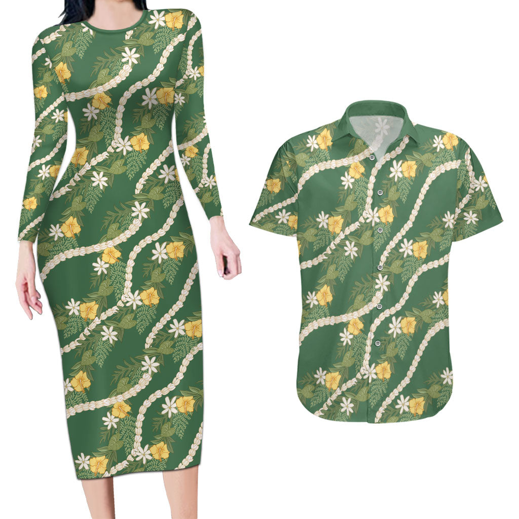 Hawaiian Pikake Maile Lei Couples Matching Long Sleeve Bodycon Dress and Hawaiian Shirt Tiare Hibiscus Kalo Palapalai Leaf Green