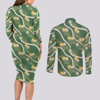 Hawaiian Pikake Maile Lei Couples Matching Long Sleeve Bodycon Dress and Long Sleeve Button Shirt Tiare Hibiscus Kalo Palapalai Leaf Green