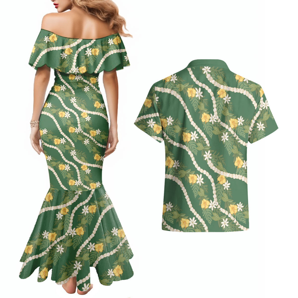 Hawaiian Pikake Maile Lei Couples Matching Mermaid Dress and Hawaiian Shirt Tiare Hibiscus Kalo Palapalai Leaf Green