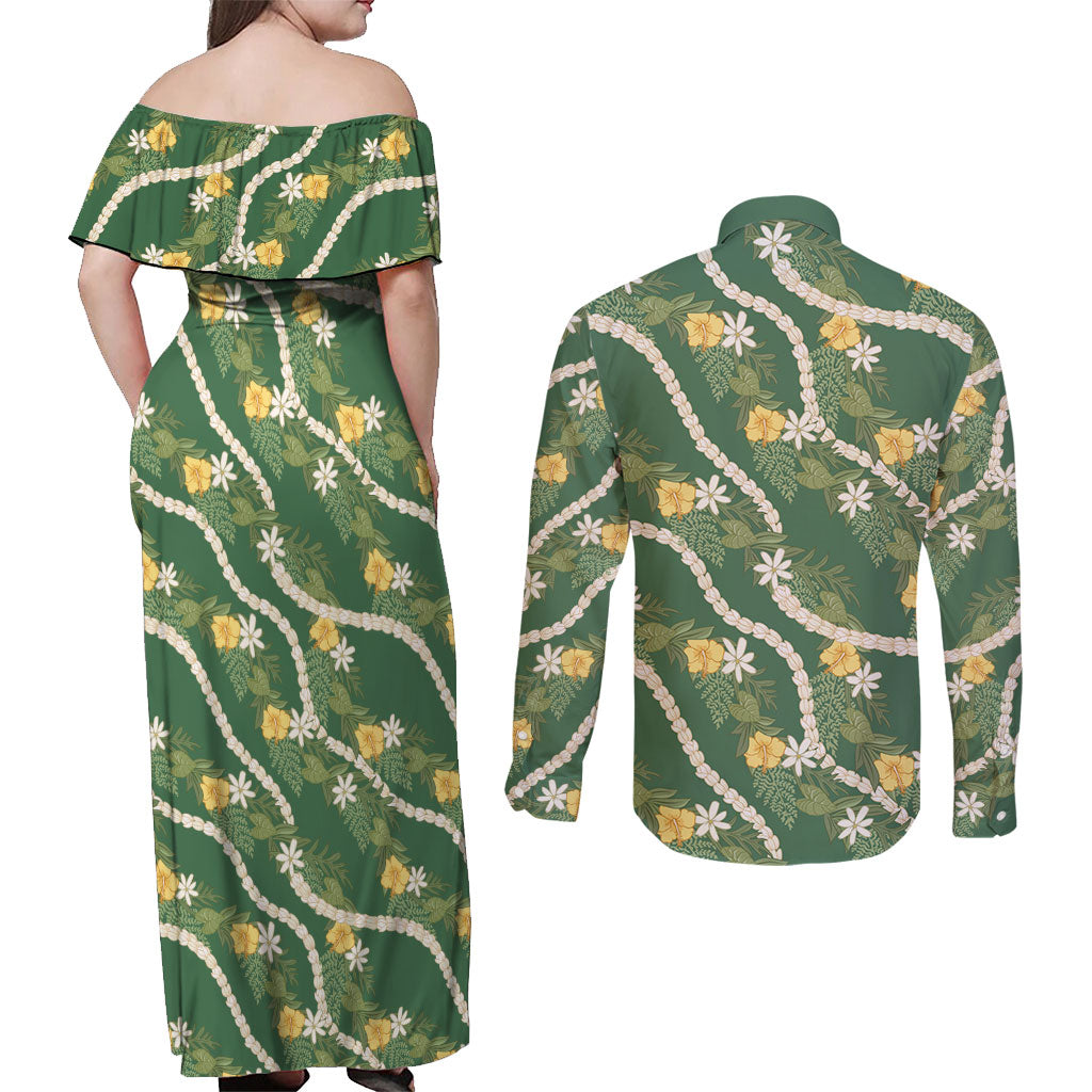 Hawaiian Pikake Maile Lei Couples Matching Off Shoulder Maxi Dress and Long Sleeve Button Shirt Tiare Hibiscus Kalo Palapalai Leaf Green