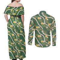 Hawaiian Pikake Maile Lei Couples Matching Off Shoulder Maxi Dress and Long Sleeve Button Shirt Tiare Hibiscus Kalo Palapalai Leaf Green