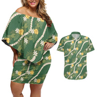 Hawaiian Pikake Maile Lei Couples Matching Off Shoulder Short Dress and Hawaiian Shirt Tiare Hibiscus Kalo Palapalai Leaf Green