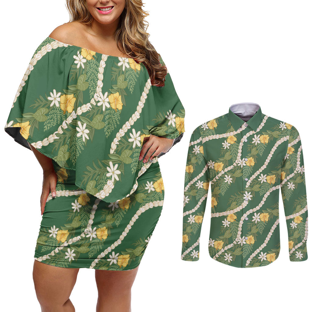 Hawaiian Pikake Maile Lei Couples Matching Off Shoulder Short Dress and Long Sleeve Button Shirt Tiare Hibiscus Kalo Palapalai Leaf Green LT19 Green - Polynesian Pride