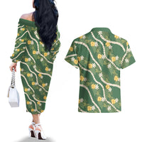 Hawaiian Pikake Maile Lei Couples Matching Off The Shoulder Long Sleeve Dress and Hawaiian Shirt Tiare Hibiscus Kalo Palapalai Leaf Green