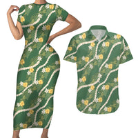 Hawaiian Pikake Maile Lei Couples Matching Short Sleeve Bodycon Dress and Hawaiian Shirt Tiare Hibiscus Kalo Palapalai Leaf Green