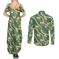 Hawaiian Pikake Maile Lei Couples Matching Summer Maxi Dress and Long Sleeve Button Shirt Tiare Hibiscus Kalo Palapalai Leaf Green