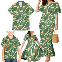 Hawaiian Pikake Maile Lei Family Matching Mermaid Dress and Hawaiian Shirt Tiare Hibiscus Kalo Palapalai Leaf Green