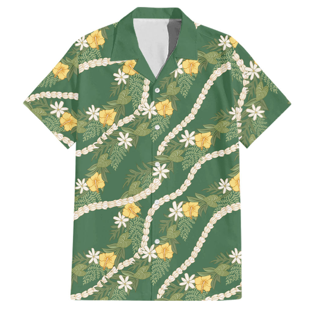 Hawaiian Pikake Maile Lei Family Matching Mermaid Dress and Hawaiian Shirt Tiare Hibiscus Kalo Palapalai Leaf Green