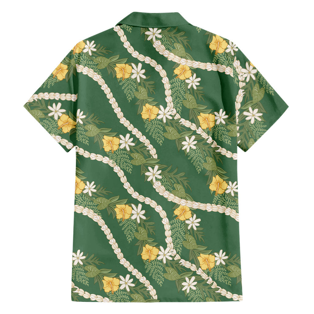 Hawaiian Pikake Maile Lei Family Matching Mermaid Dress and Hawaiian Shirt Tiare Hibiscus Kalo Palapalai Leaf Green