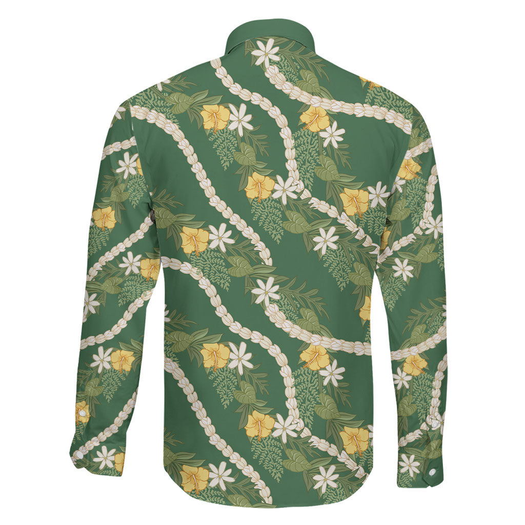 Hawaiian Pikake Maile Lei Family Matching Mermaid Dress and Hawaiian Shirt Tiare Hibiscus Kalo Palapalai Leaf Green