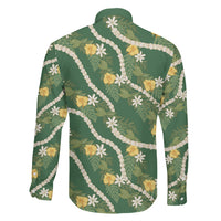 Hawaiian Pikake Maile Lei Family Matching Mermaid Dress and Hawaiian Shirt Tiare Hibiscus Kalo Palapalai Leaf Green