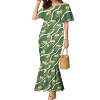 Hawaiian Pikake Maile Lei Family Matching Mermaid Dress and Hawaiian Shirt Tiare Hibiscus Kalo Palapalai Leaf Green