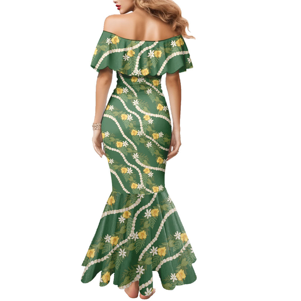 Hawaiian Pikake Maile Lei Family Matching Mermaid Dress and Hawaiian Shirt Tiare Hibiscus Kalo Palapalai Leaf Green