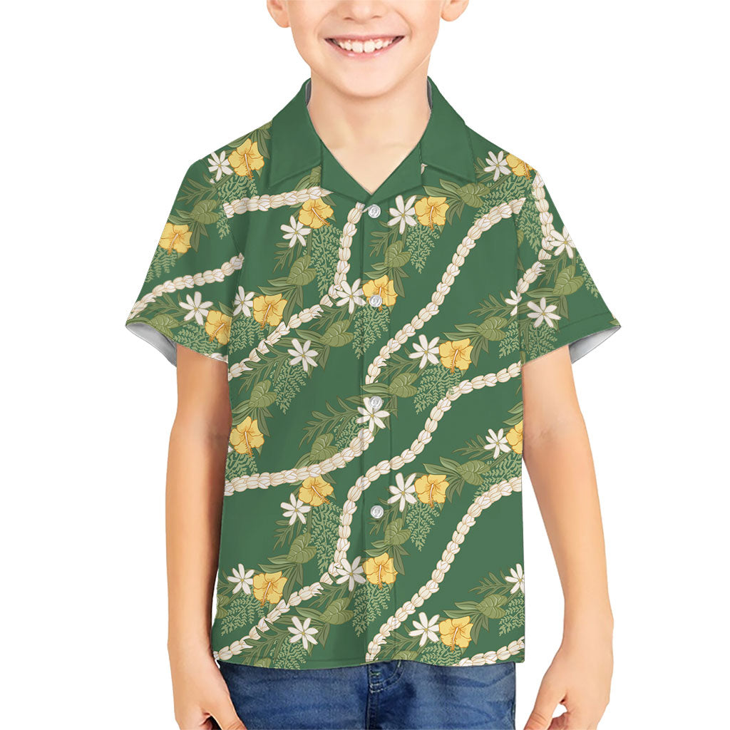Hawaiian Pikake Maile Lei Family Matching Mermaid Dress and Hawaiian Shirt Tiare Hibiscus Kalo Palapalai Leaf Green