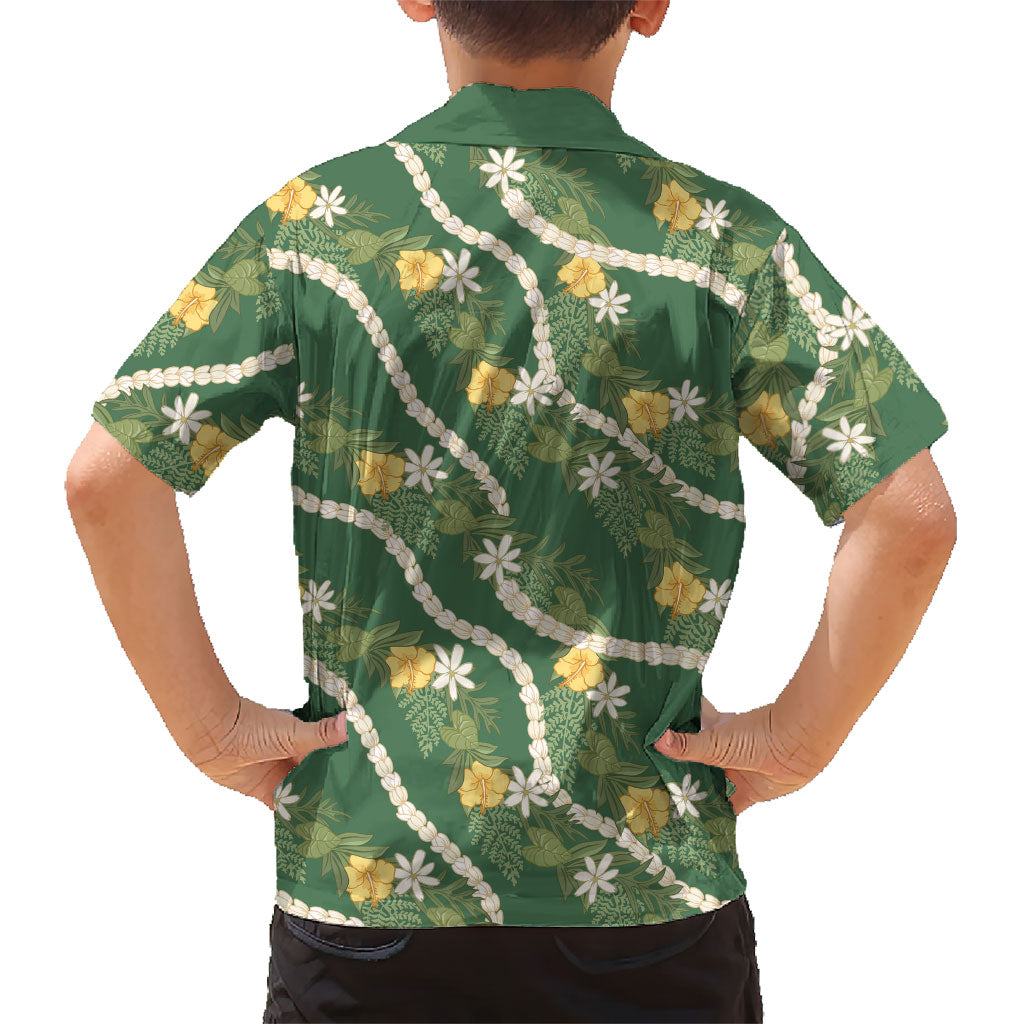 Hawaiian Pikake Maile Lei Family Matching Puletasi and Hawaiian Shirt Tiare Hibiscus Kalo Palapalai Leaf Green