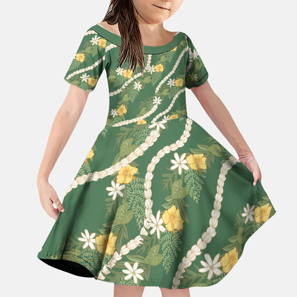 Hawaiian Pikake Maile Lei Family Matching Puletasi and Hawaiian Shirt Tiare Hibiscus Kalo Palapalai Leaf Green