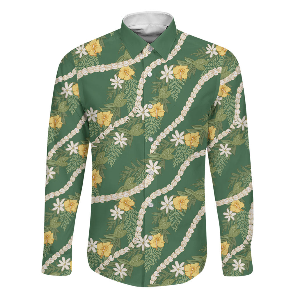 Hawaiian Pikake Maile Lei Family Matching Puletasi and Hawaiian Shirt Tiare Hibiscus Kalo Palapalai Leaf Green