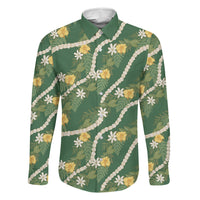 Hawaiian Pikake Maile Lei Family Matching Puletasi and Hawaiian Shirt Tiare Hibiscus Kalo Palapalai Leaf Green