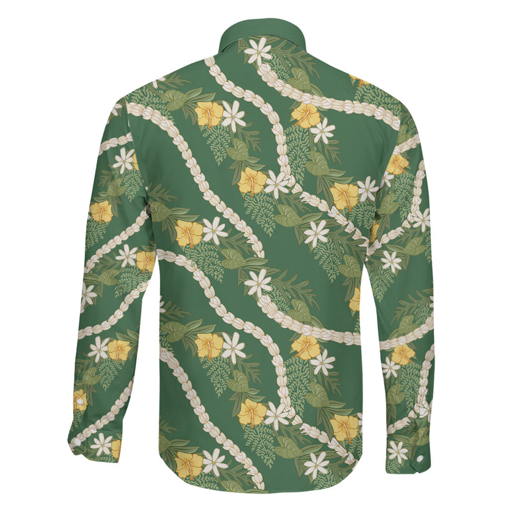 Hawaiian Pikake Maile Lei Family Matching Puletasi and Hawaiian Shirt Tiare Hibiscus Kalo Palapalai Leaf Green