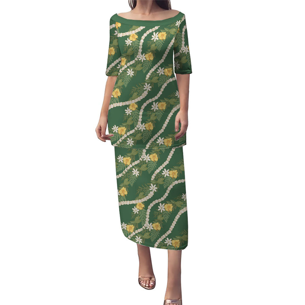 Hawaiian Pikake Maile Lei Family Matching Puletasi and Hawaiian Shirt Tiare Hibiscus Kalo Palapalai Leaf Green