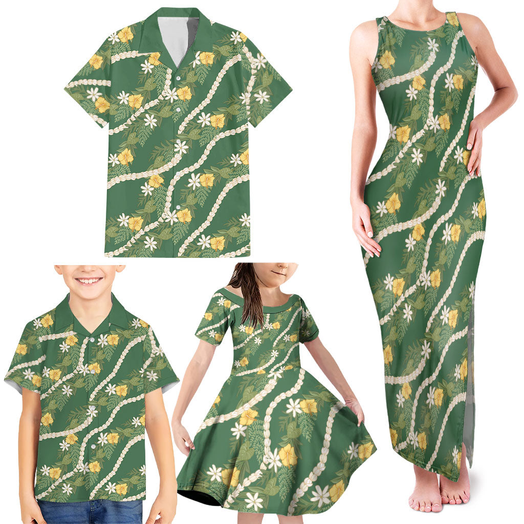 Hawaiian Pikake Maile Lei Family Matching Tank Maxi Dress and Hawaiian Shirt Tiare Hibiscus Kalo Palapalai Leaf Green