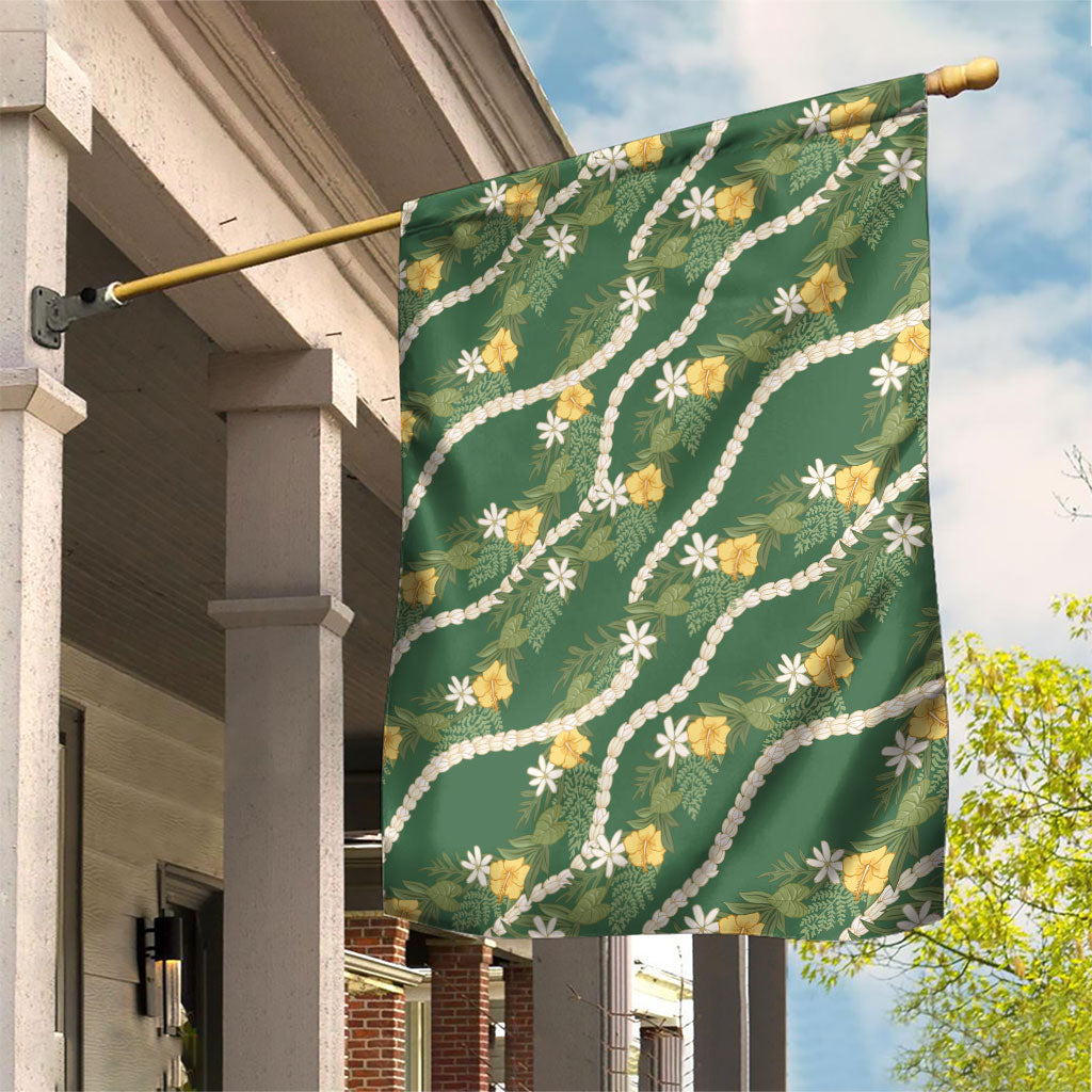 Hawaiian Pikake Maile Lei Garden Flag Tiare Hibiscus Kalo Palapalai Leaf Green
