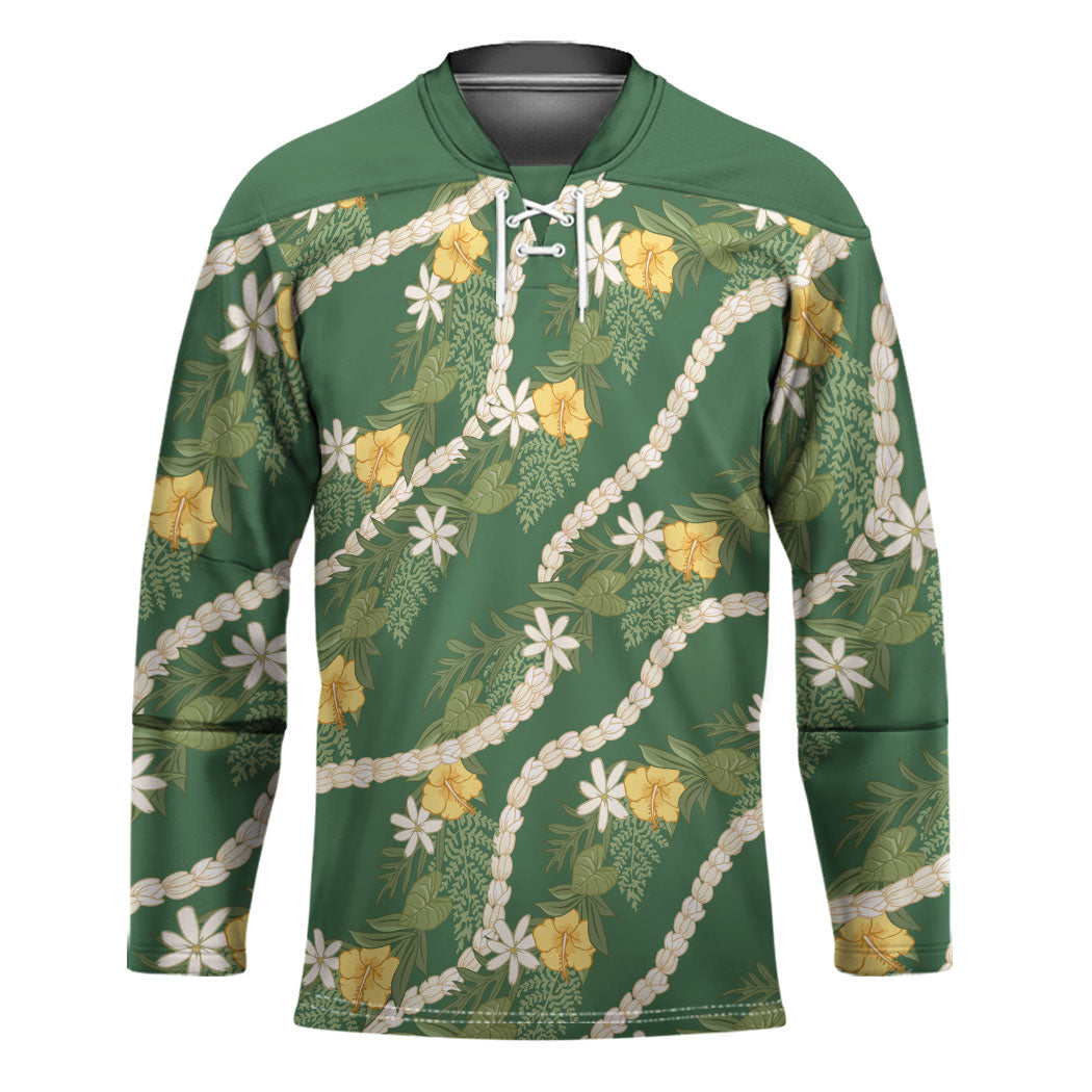 Hawaiian Pikake Maile Lei Hockey Jersey Tiare Hibiscus Kalo Palapalai Leaf Green LT19 Unisex Green - Polynesian Pride