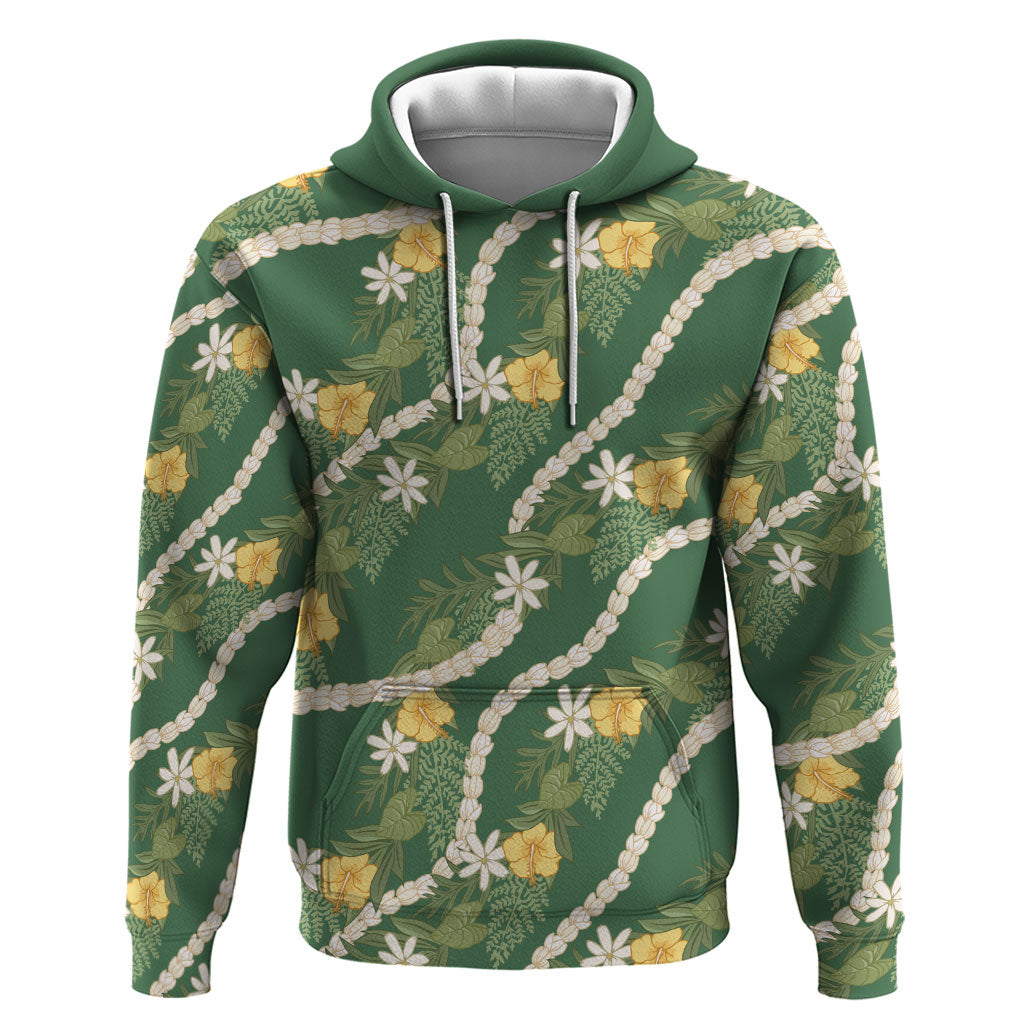 Hawaiian Pikake Maile Lei Hoodie Tiare Hibiscus Kalo Palapalai Leaf Green LT19 Pullover Hoodie Green - Polynesian Pride