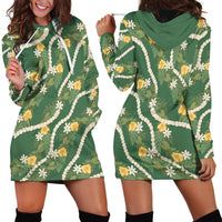 Hawaiian Pikake Maile Lei Hoodie Dress Tiare Hibiscus Kalo Palapalai Leaf Green