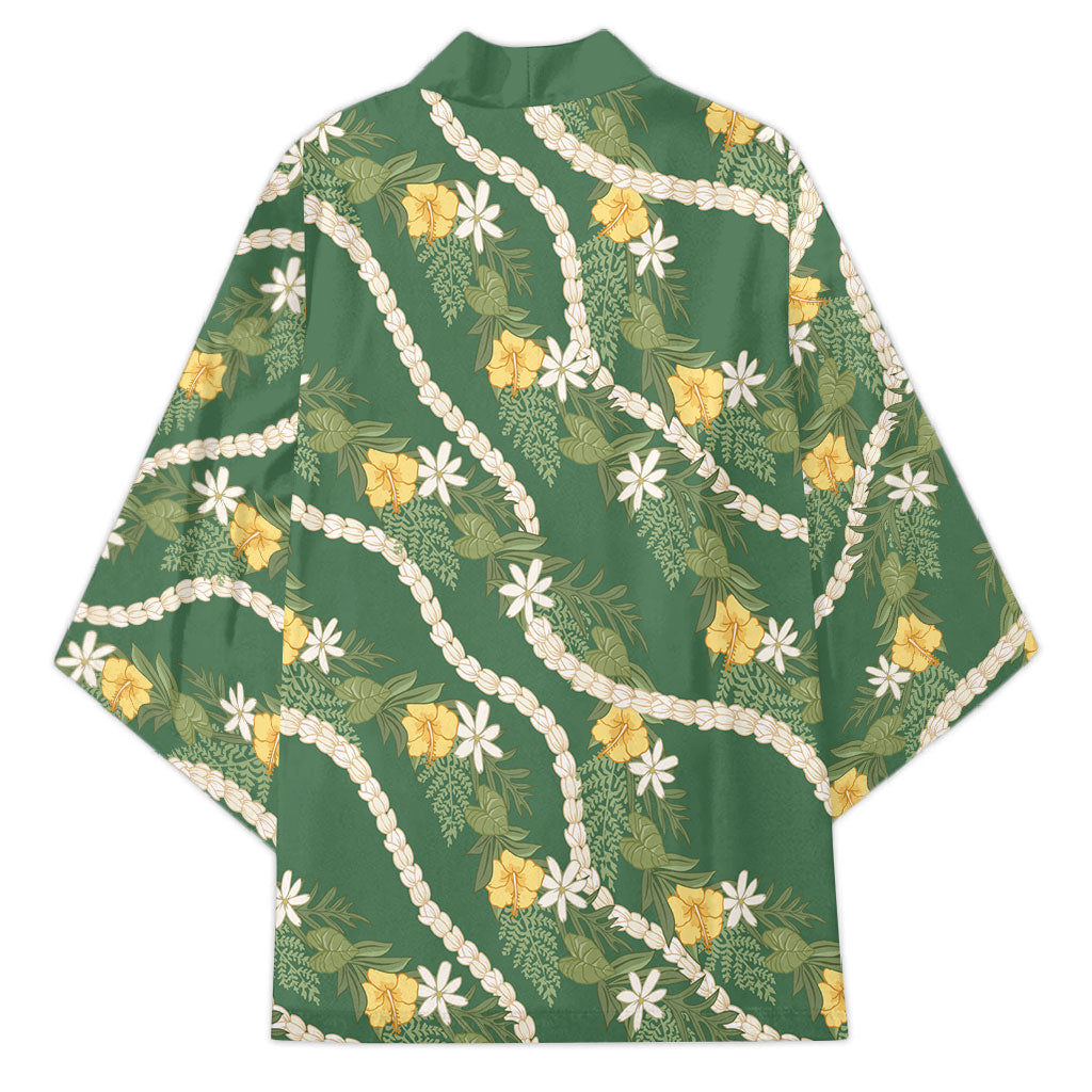 Hawaiian Pikake Maile Lei Kimono Tiare Hibiscus Kalo Palapalai Leaf Green LT19 - Polynesian Pride