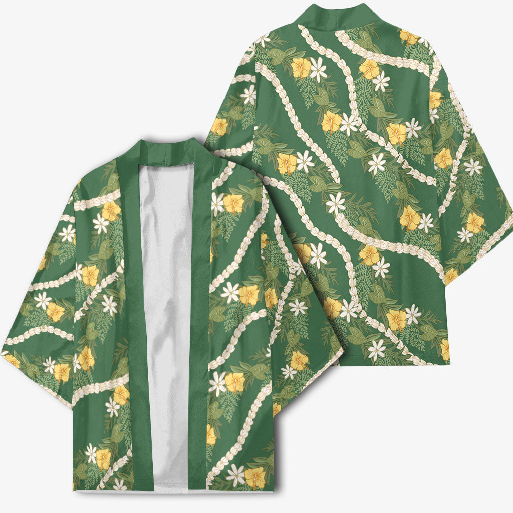 Hawaiian Pikake Maile Lei Kimono Tiare Hibiscus Kalo Palapalai Leaf Green LT19 - Polynesian Pride