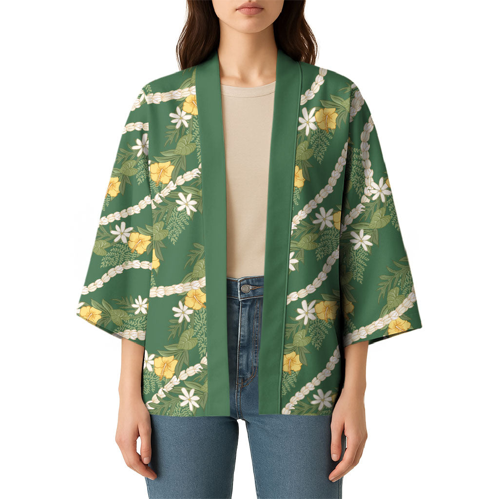 Hawaiian Pikake Maile Lei Kimono Tiare Hibiscus Kalo Palapalai Leaf Green LT19 - Polynesian Pride