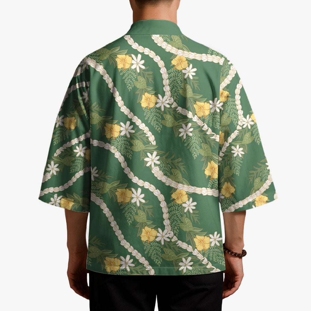 Hawaiian Pikake Maile Lei Kimono Tiare Hibiscus Kalo Palapalai Leaf Green LT19 - Polynesian Pride