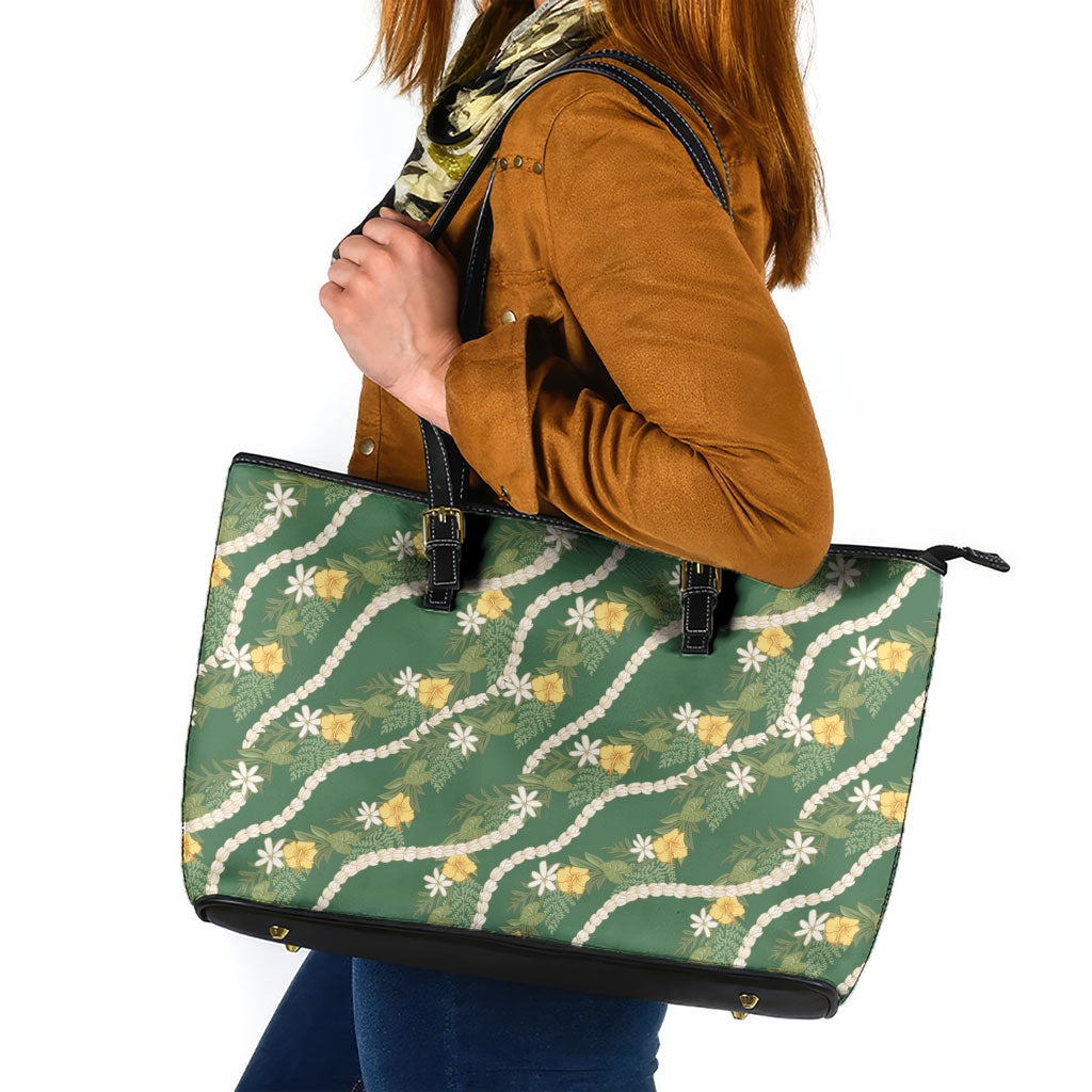 Hawaiian Pikake Maile Lei Leather Tote Bag Tiare Hibiscus Kalo Palapalai Leaf Green LT19 Green - Polynesian Pride