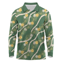 Hawaiian Pikake Maile Lei Long Sleeve Polo Shirt Tiare Hibiscus Kalo Palapalai Leaf Green