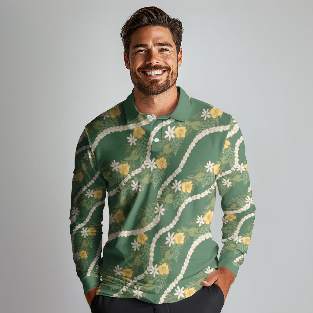 Hawaiian Pikake Maile Lei Long Sleeve Polo Shirt Tiare Hibiscus Kalo Palapalai Leaf Green