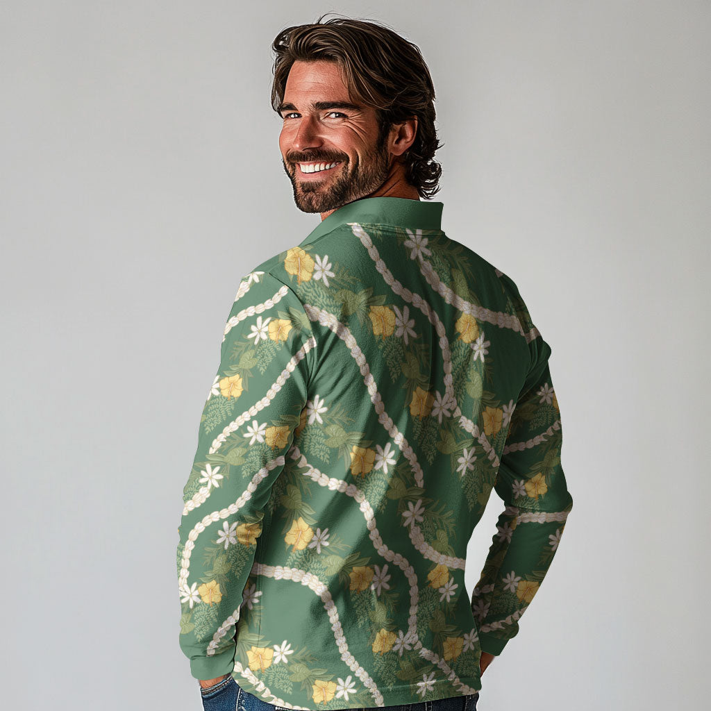 Hawaiian Pikake Maile Lei Long Sleeve Polo Shirt Tiare Hibiscus Kalo Palapalai Leaf Green