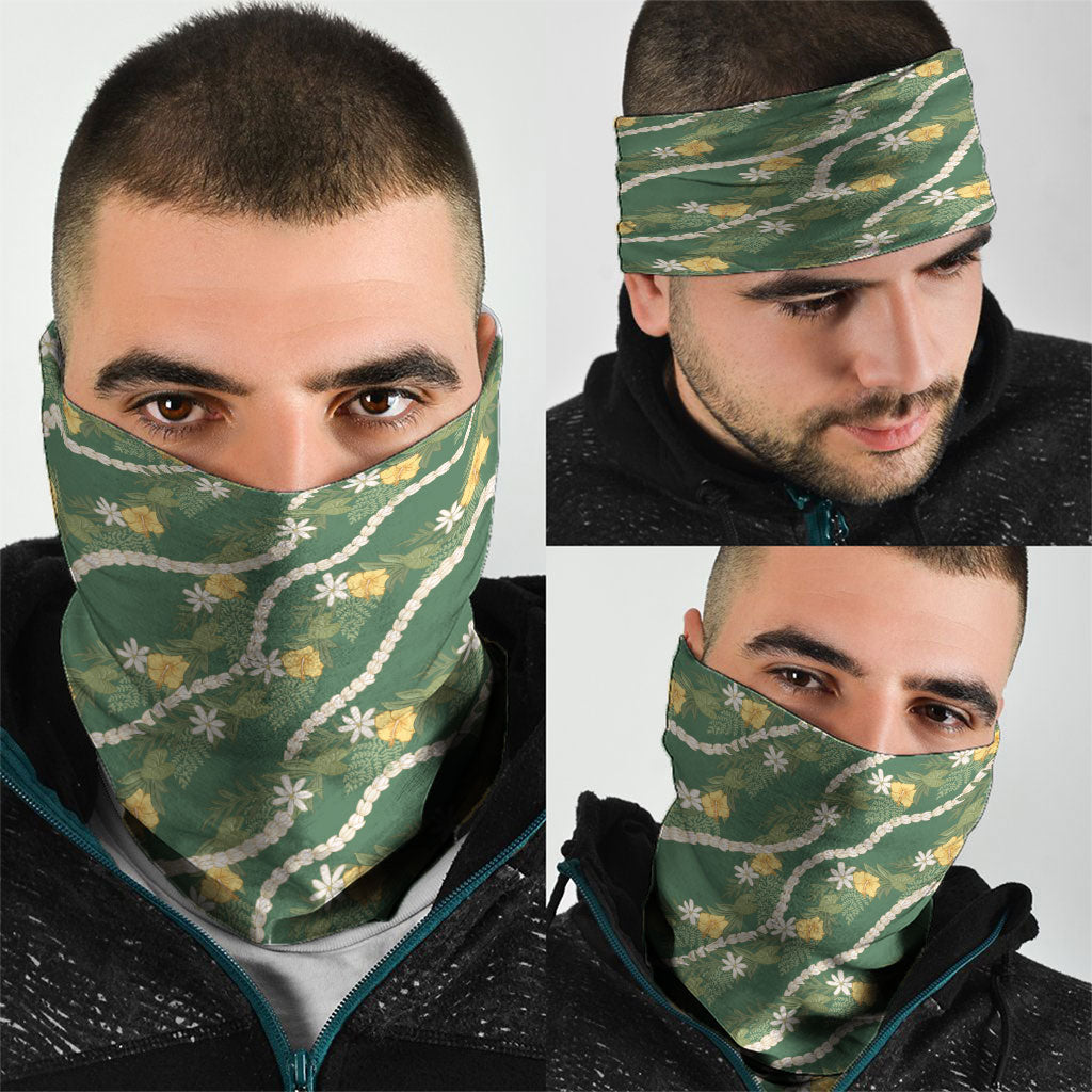 Hawaiian Pikake Maile Lei Neck Gaiter Tiare Hibiscus Kalo Palapalai Leaf Green LT19 - Polynesian Pride