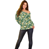 Hawaiian Pikake Maile Lei Off Shoulder Sweater Tiare Hibiscus Kalo Palapalai Leaf Green LT19 - Polynesian Pride