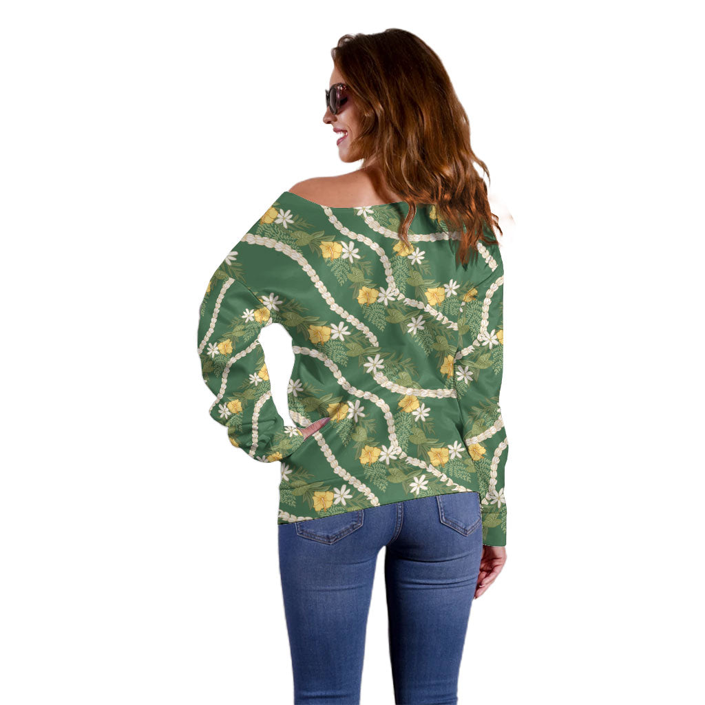 Hawaiian Pikake Maile Lei Off Shoulder Sweater Tiare Hibiscus Kalo Palapalai Leaf Green LT19 - Polynesian Pride