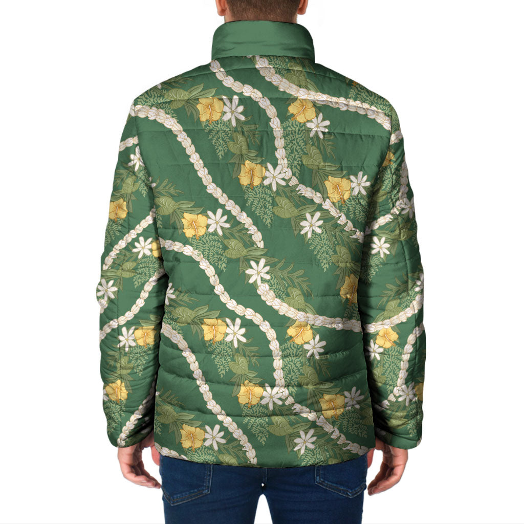 Hawaiian Pikake Maile Lei Padded Jacket Tiare Hibiscus Kalo Palapalai Leaf Green LT19 - Polynesian Pride