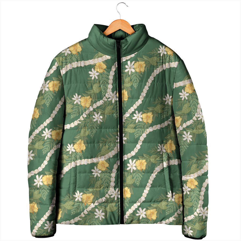 Hawaiian Pikake Maile Lei Padded Jacket Tiare Hibiscus Kalo Palapalai Leaf Green LT19 - Polynesian Pride
