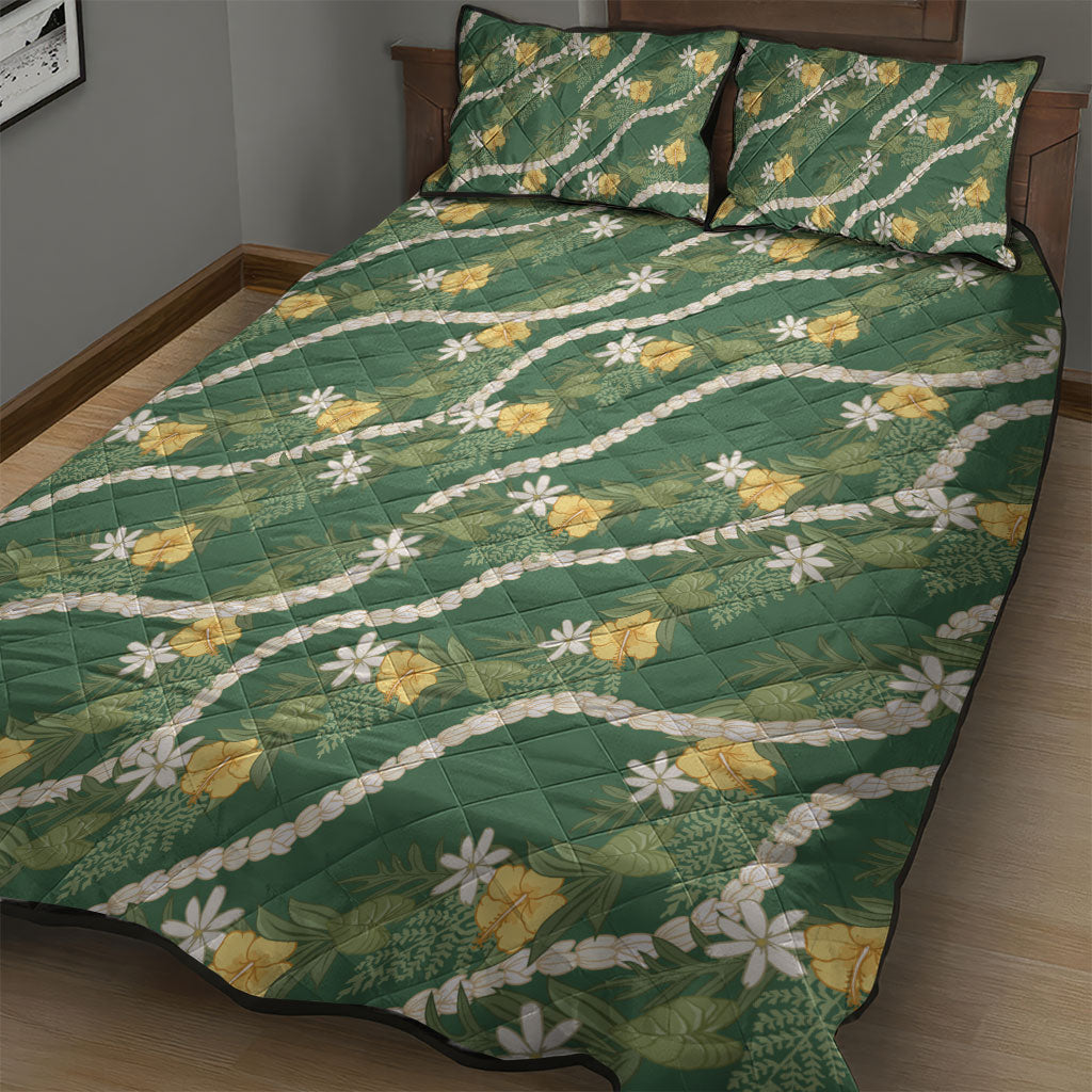Hawaiian Pikake Maile Lei Quilt Bed Set Tiare Hibiscus Kalo Palapalai Leaf Green LT19 - Polynesian Pride