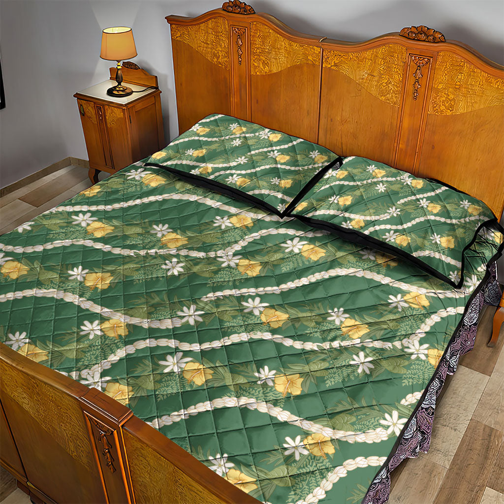 Hawaiian Pikake Maile Lei Quilt Bed Set Tiare Hibiscus Kalo Palapalai Leaf Green LT19 - Polynesian Pride