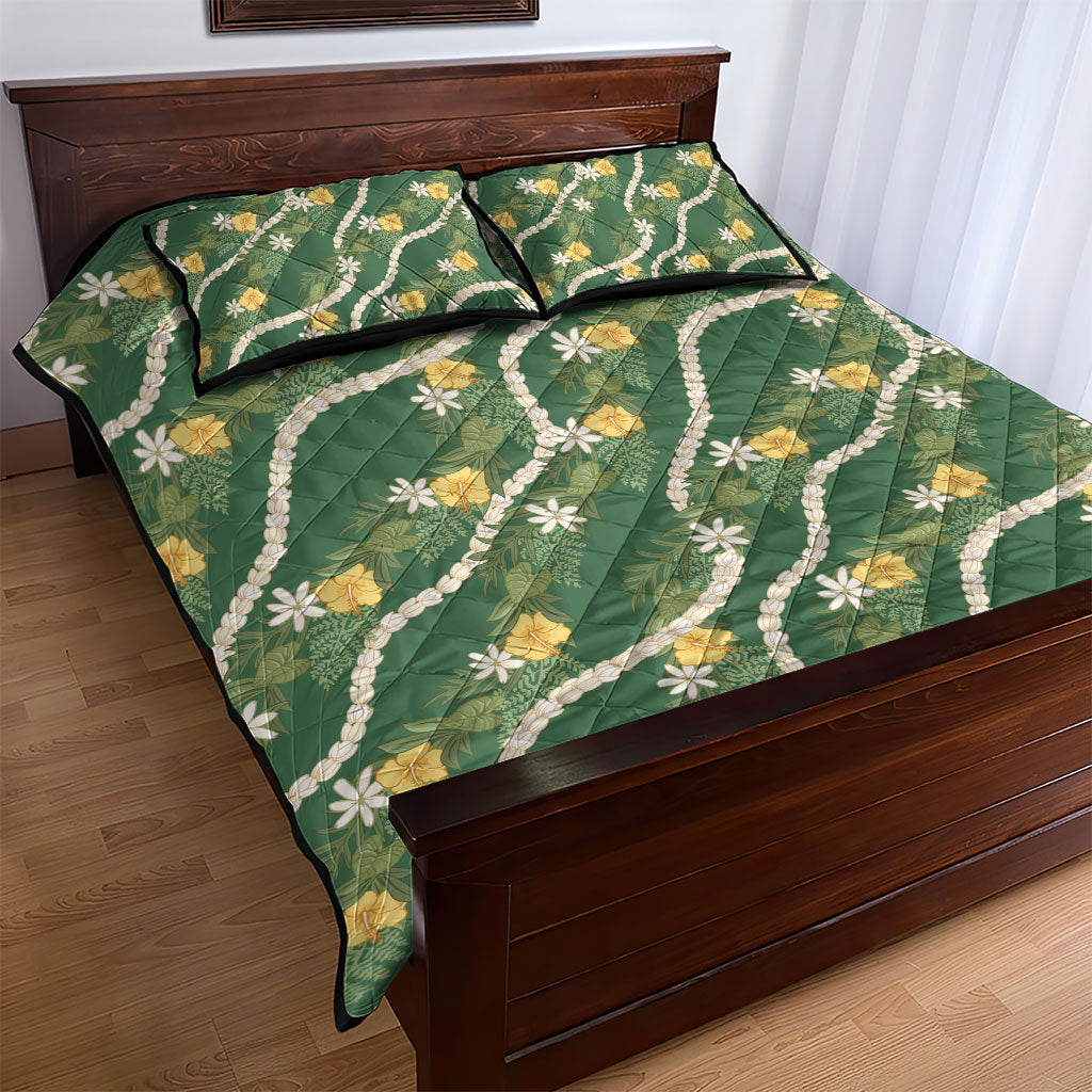 Hawaiian Pikake Maile Lei Quilt Bed Set Tiare Hibiscus Kalo Palapalai Leaf Green LT19 - Polynesian Pride