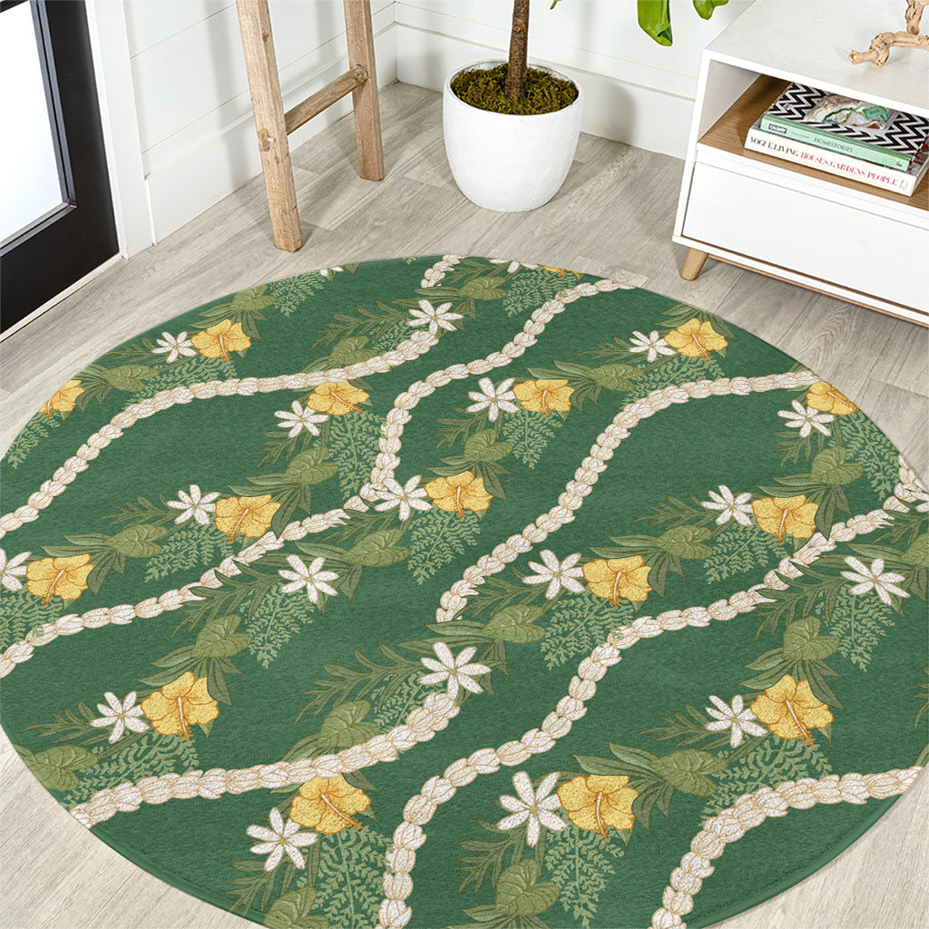 Hawaiian Pikake Maile Lei Round Carpet Tiare Hibiscus Kalo Palapalai Leaf Green LT19 Green - Polynesian Pride