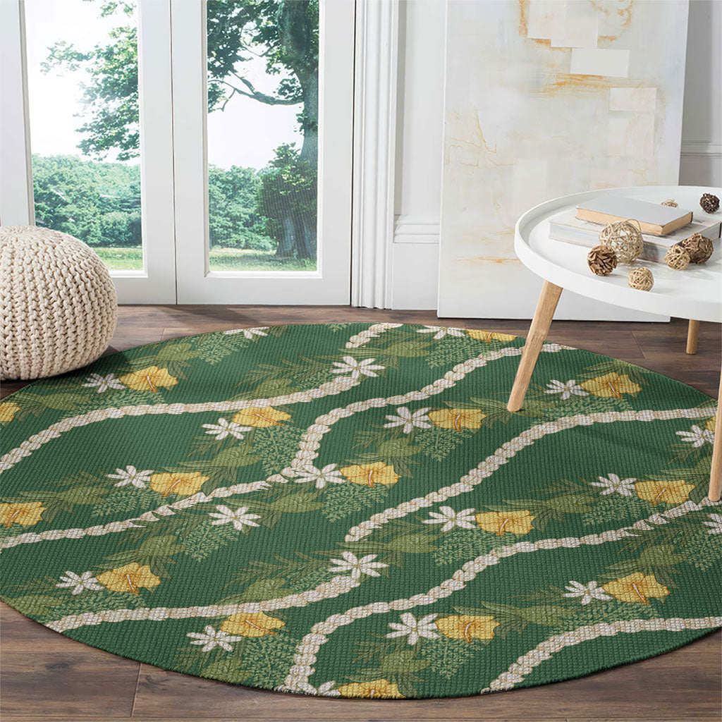 Hawaiian Pikake Maile Lei Round Carpet Tiare Hibiscus Kalo Palapalai Leaf Green