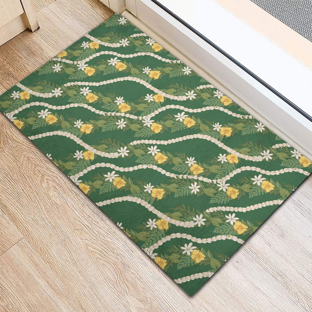 Hawaiian Pikake Maile Lei Rubber Doormat Tiare Hibiscus Kalo Palapalai Leaf Green